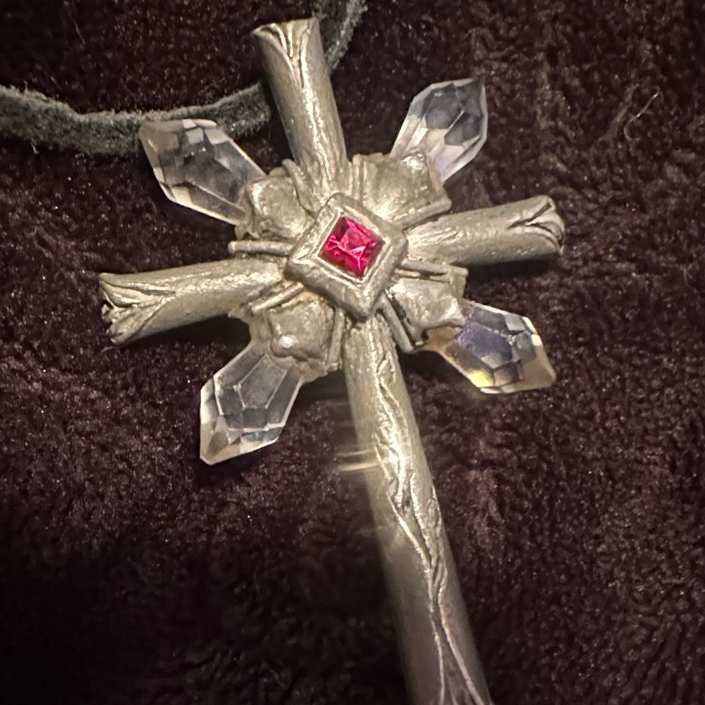 Silver Pewter and Red Crystal Cross Pendant Necklace